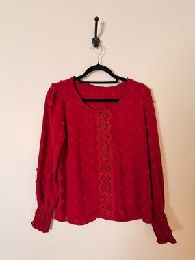 Women's Red Crochet-Trim Long Sleeve Top
